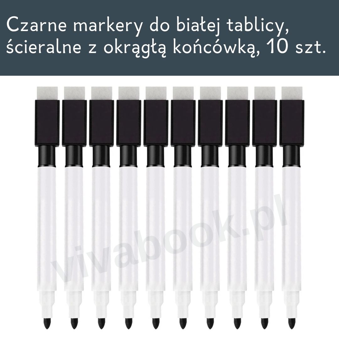 10 szt. markerów do białej tablicy, ścieralnych, z okrągłą końcówką, czarnych